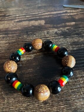 Beaded Rasta-Inspired Stretch Bracelet in Black, Red, Yellow, Green